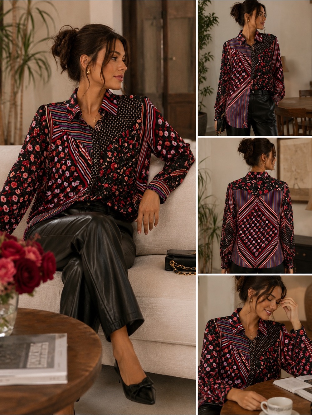 Free People Hazel Button-Down Top Mixed Floral Stripe Boho Patchwork Oversized